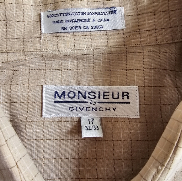 Monsieur Givenchy Men's Beige Checkered Shirt 17 Button Up Long Sleeve Shirt - Picture 4 of 4